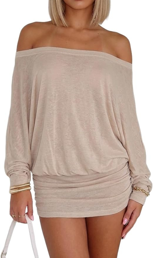 Vestido de mujer con hombros descubiertos Y2K, sexy, trasl\u00facido, manga murci\u00e9lago, frun... | Amazon (US)