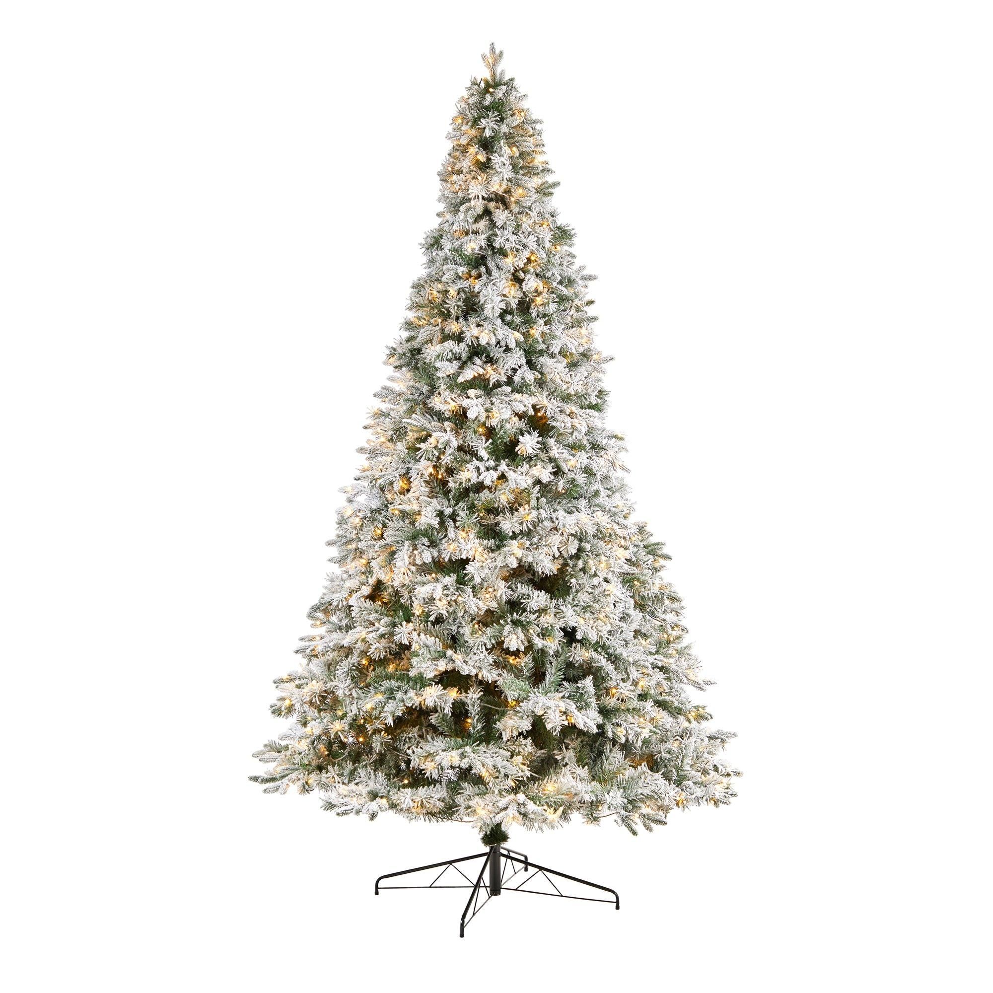 10' Flocked Vermont Mixed Pine Christmas Tree with 800 LED Lights and 2200 Bendable Branches | Nearly Natural