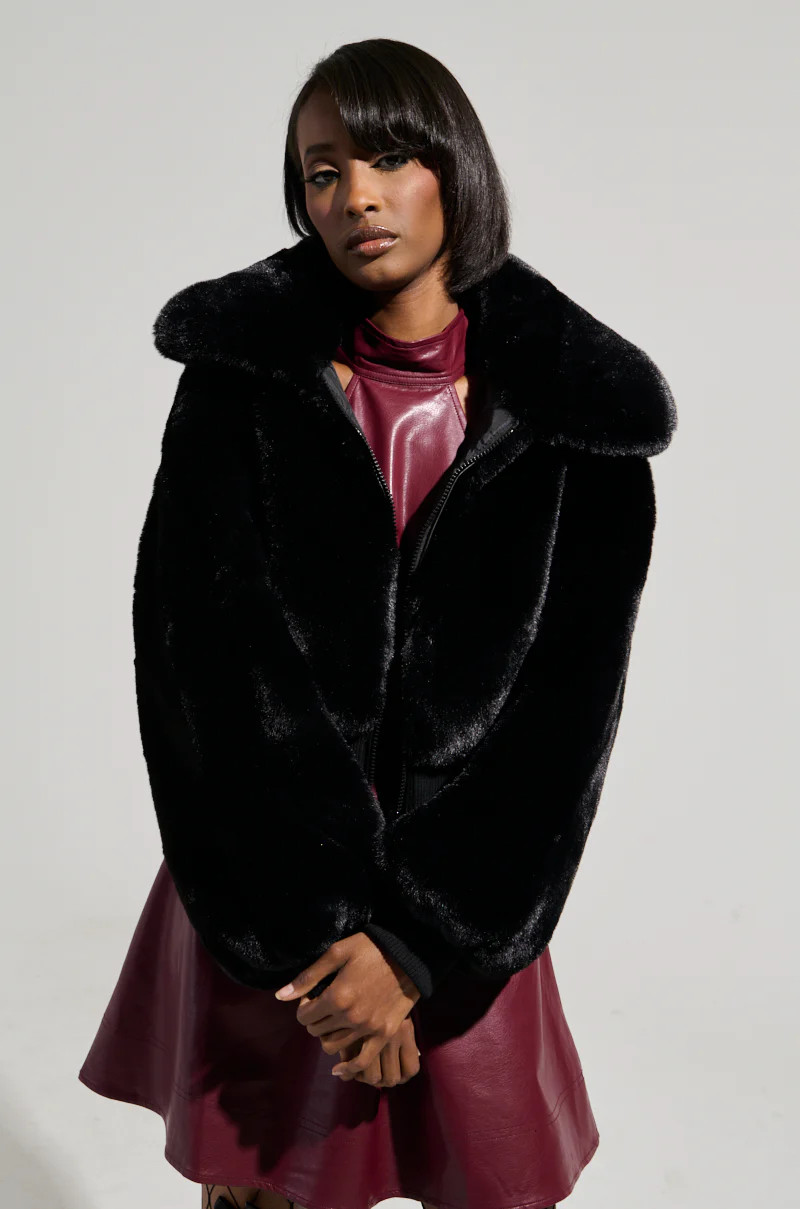 DREW FAUX FUR BOMBER WITH RIB TRIM IN BLACK | AKIRA