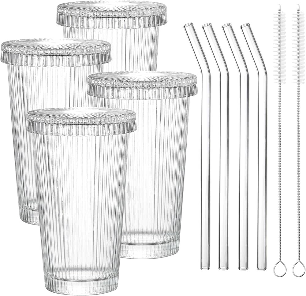 Drinking Glasses Set of 4,Ribbed Cocktail Glasses Set,Origami Style Water Glass Cups with Lids,St... | Amazon (US)