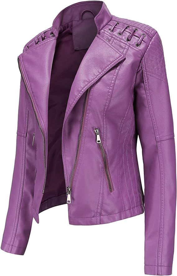 REIRQIE Women's Faux Leather Moto Jacket Slim Thin Leather Jacket | Amazon (US)