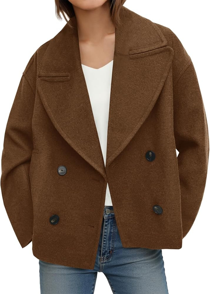 Tankaneo Womens Cropped Wool Blend Pea Coat Casual Long Sleeve Double Breasted Notched Lapel Over... | Amazon (US)