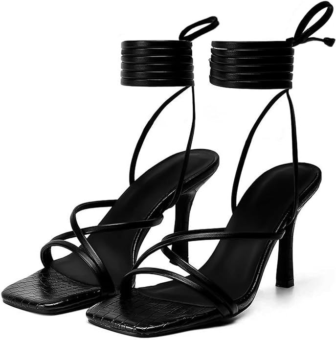 LVSEEMAN Women's Lace Up Heels Sandals Square Toe Strappy Stiletto Sandals for Women Open Toe Ank... | Amazon (US)