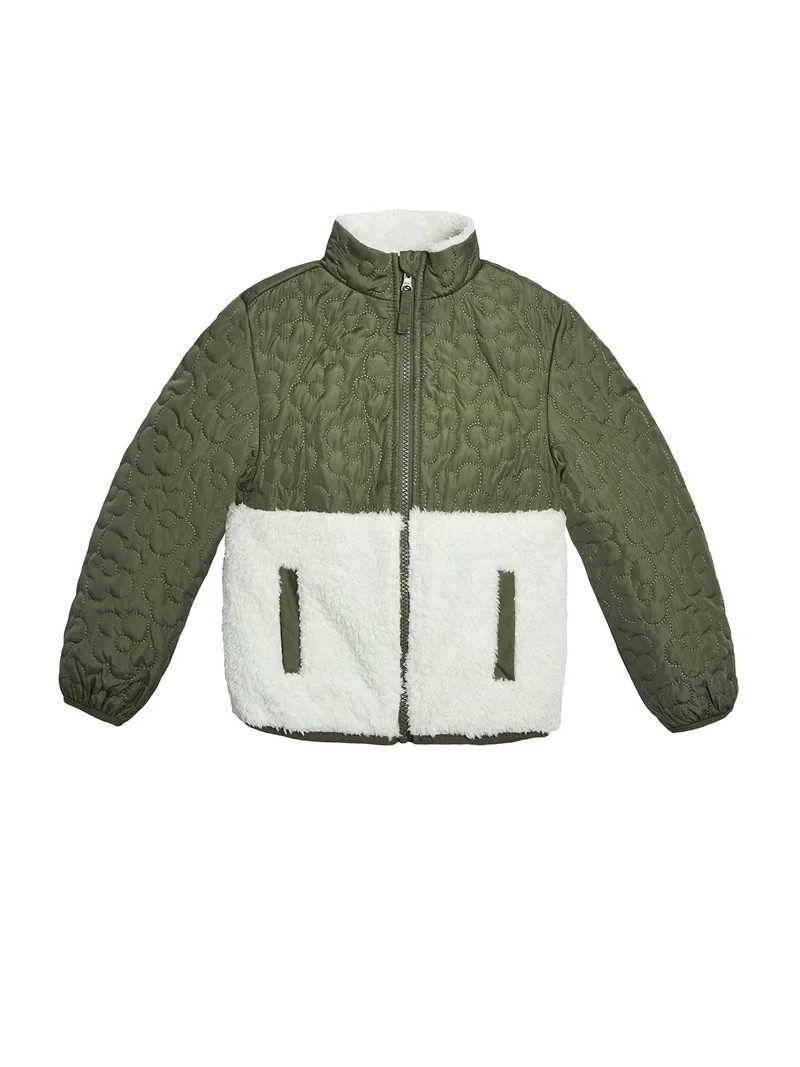 Wonder Nation Girls Mixed Media Quilted Plush Jacket, Sizes 4-16 - Walmart.com | Walmart (US)