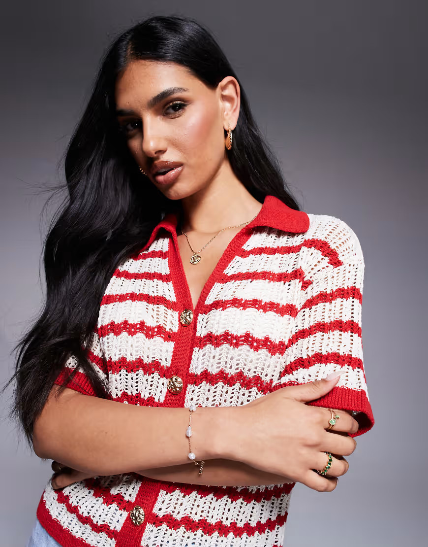 River Island striped crochet shirt in red | ASOS (Global)