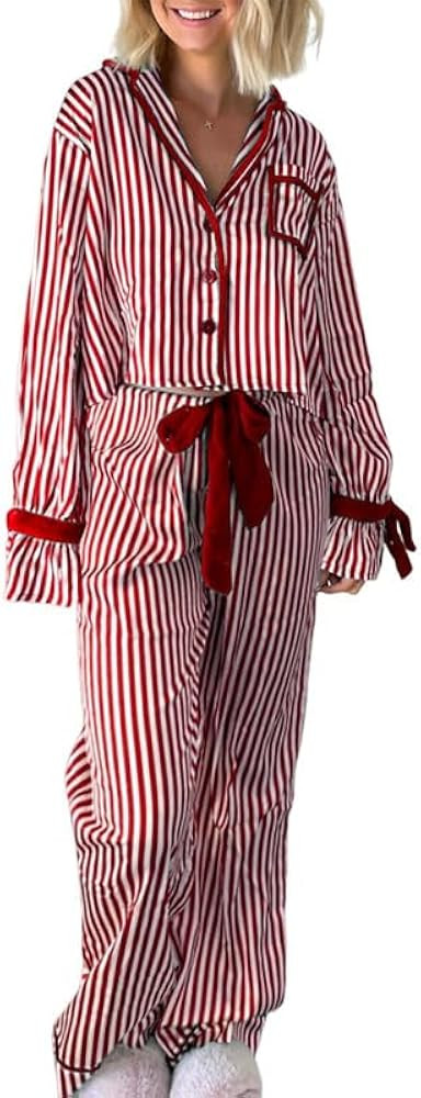 NUFIWI Christmas Bow Tie Front Pajamas for Women Cute Print Long Sleeve Shirts Pants 2 Pieces Xma... | Amazon (US)