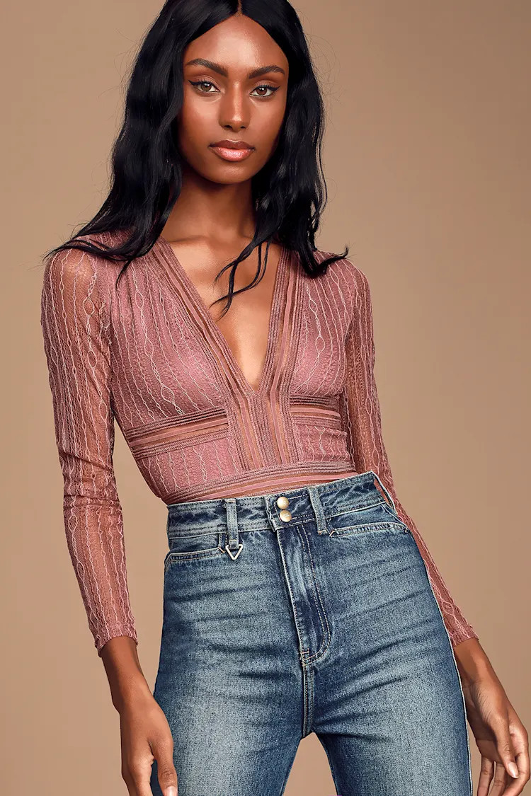 Casita Mauve Pink Sheer Lace Long Sleeve Bodysuit | Lulus (US)