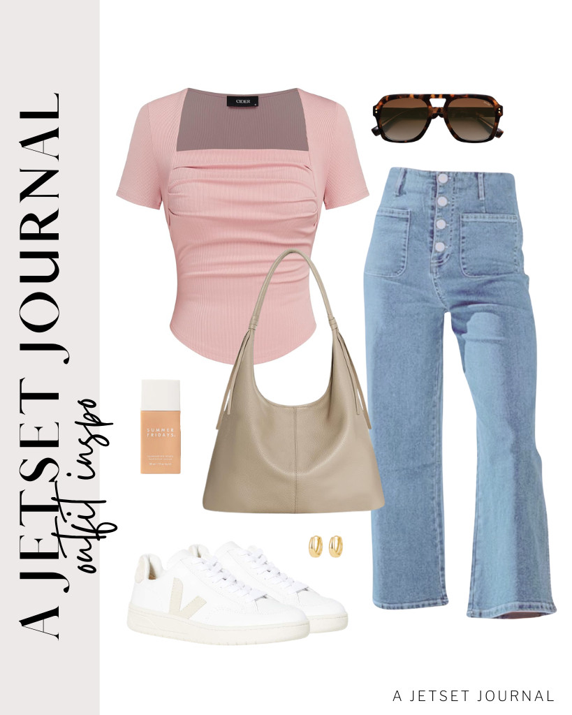 This combination of a pink CIDER square-neck top and Sidefeel wide-leg jeans is our next outfit to style. Start with these Veja V-12 sneakers and this befen leather shoulder bag. These SOJOS aviator sunglasses and these chunky hoop earrings are perfect for this fit. 

 #LTKSeasonal #LTKSaleAlert #LTKTravel