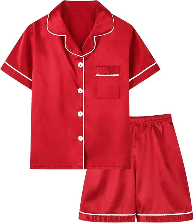 Schbbbta Boys Silk Pajamas Button Down Sleepwear Satin Nightwear 2 Pcs Pj Set | Amazon (US)