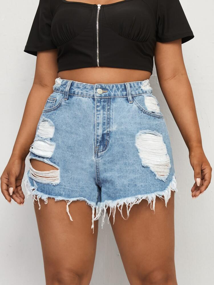 Plus Light Wash Raw Hem Ripped Denim Shorts | SHEIN