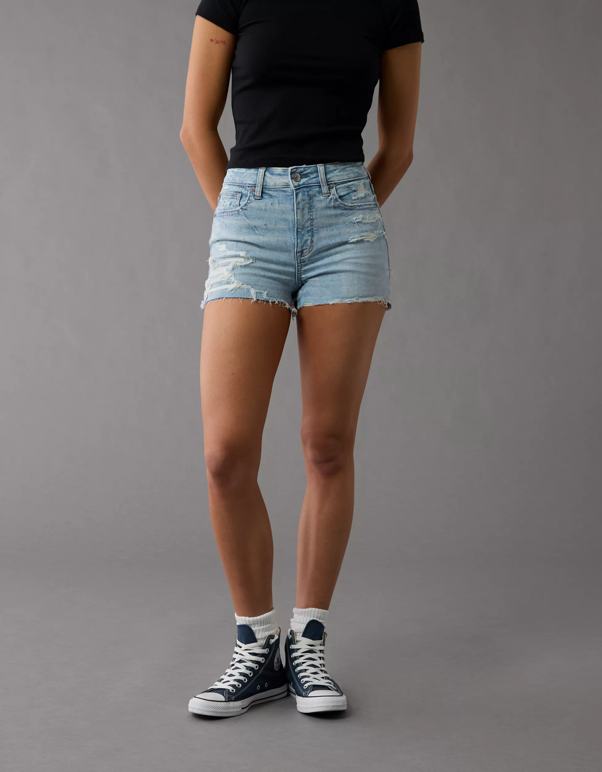 AE Next Level Patched Super High-Waisted Denim Short Short | American Eagle Outfitters (US & CA)