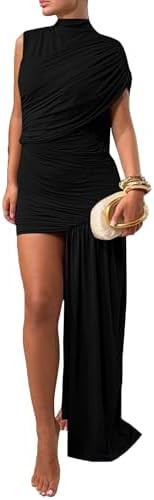 Women's Sleeveless Ruched Maxi Dress Sexy Irregular Bodycon Casual Elegant Club Party Cocktail Lo... | Amazon (US)