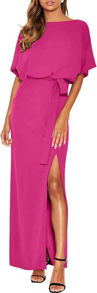 ANRABESS Women's Batwing Sleeve Tie Waist Long Dresses Formal Party Wedding Guest Side Split Maxi... | Amazon (US)