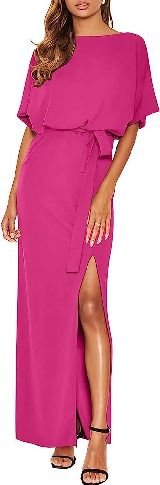 ANRABESS Women's Batwing Sleeve Tie Waist Long Dresses Formal Party Wedding Guest Side Split Maxi... | Amazon (US)