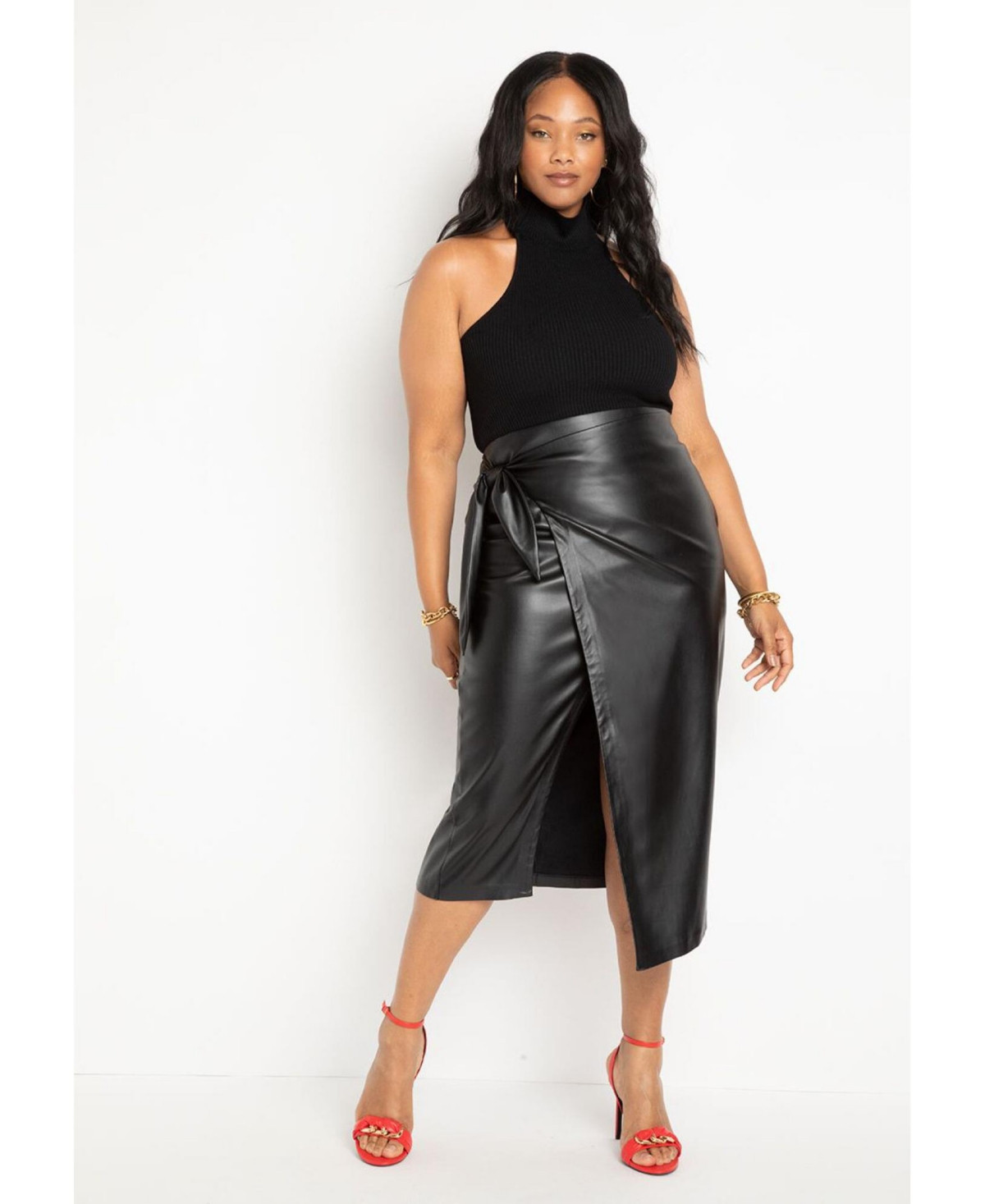 Eloquii Plus Size Wrap Front Faux Leather Midi Skirt - Totally black | Macy's
