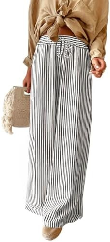 Acelitt Women Casual Drawstring Elastic Waist Striped Wide Leg Pants with Pockets, S-XXL | Amazon (US)