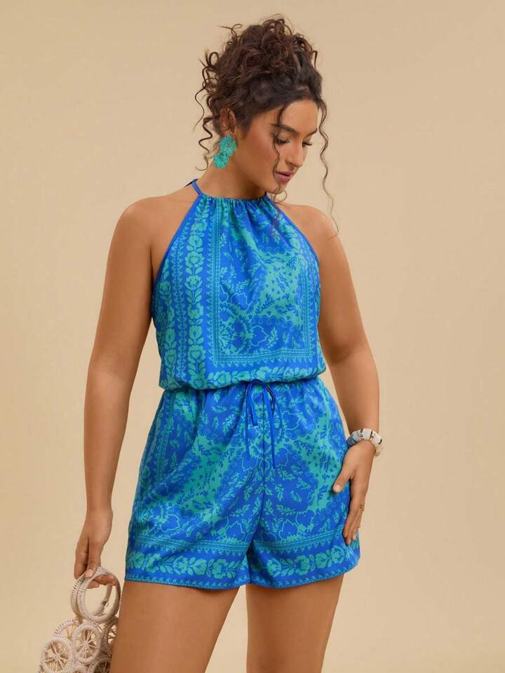 Travachic Plus Size Women's Floral Print Pocket Romper, Casual Halter Jumpsuit For Beach Vacation... | SHEIN