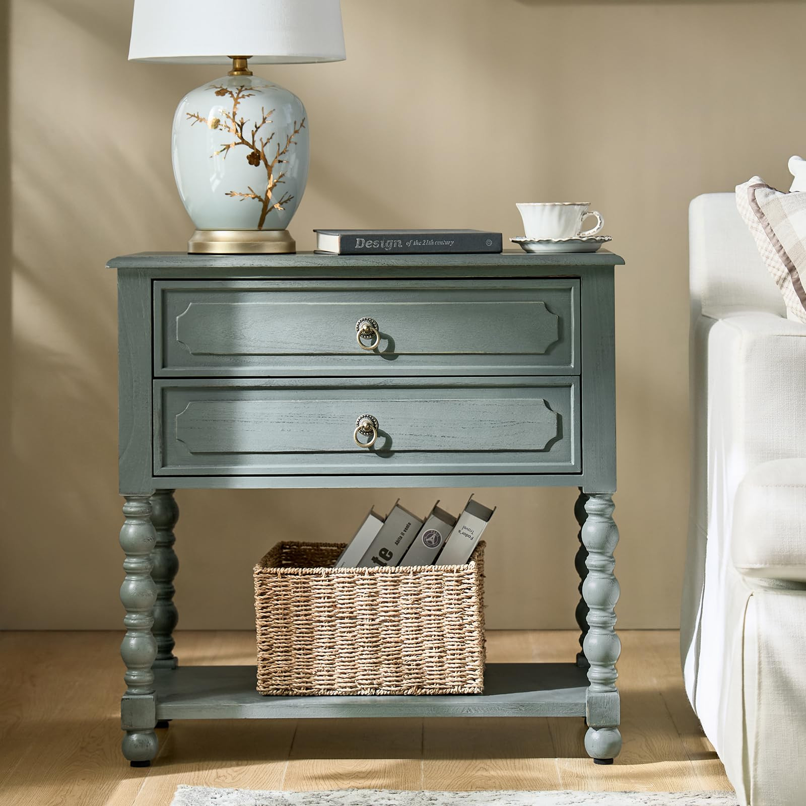 HULALA HOME Farmhouse Storage End Table with 2 Drawers and Open Shelf, Solid Wood Side Table with... | Amazon (US)