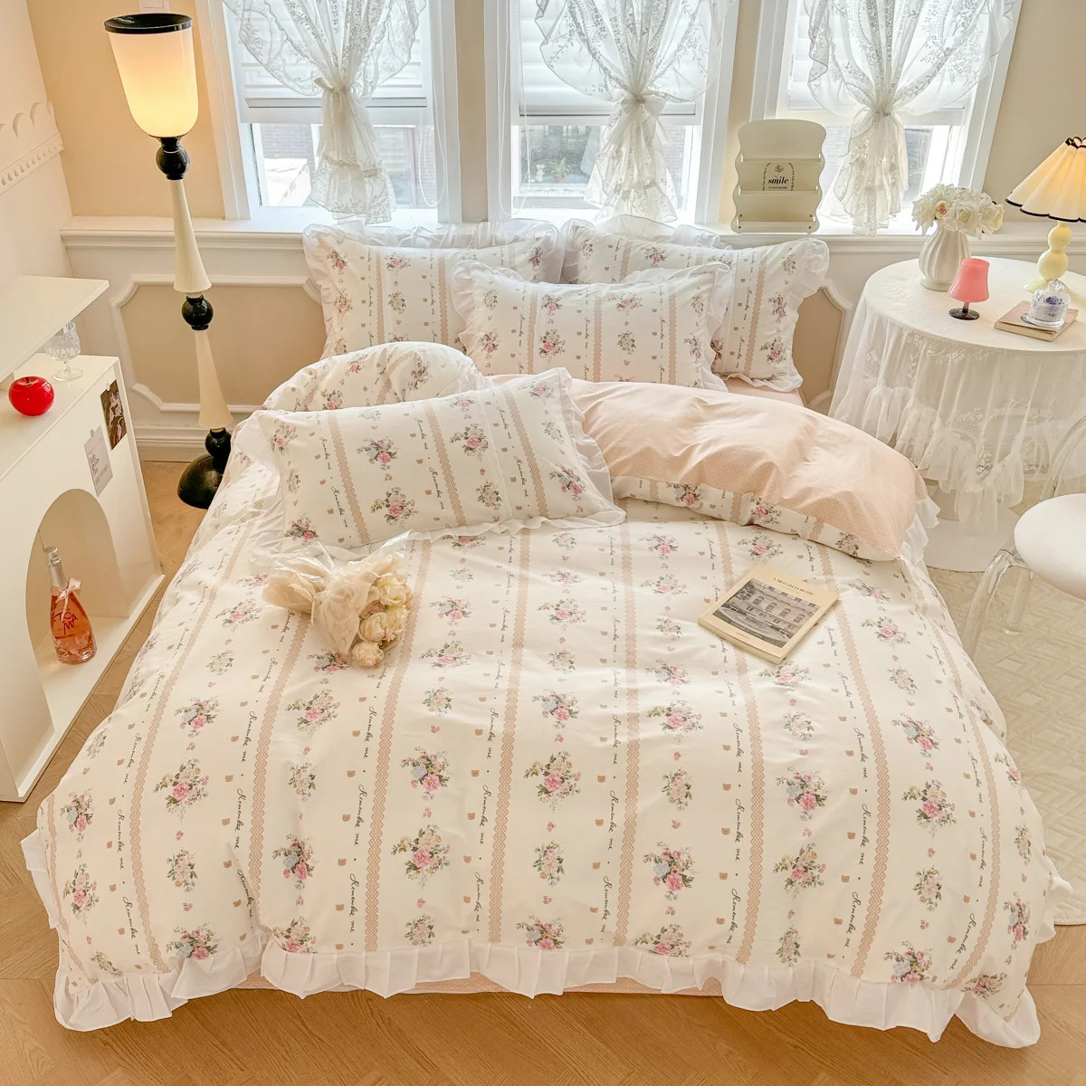 Muti-Floral Pattern Ruffle Laced Cotton Duvet Cover Set | Wayfair North America