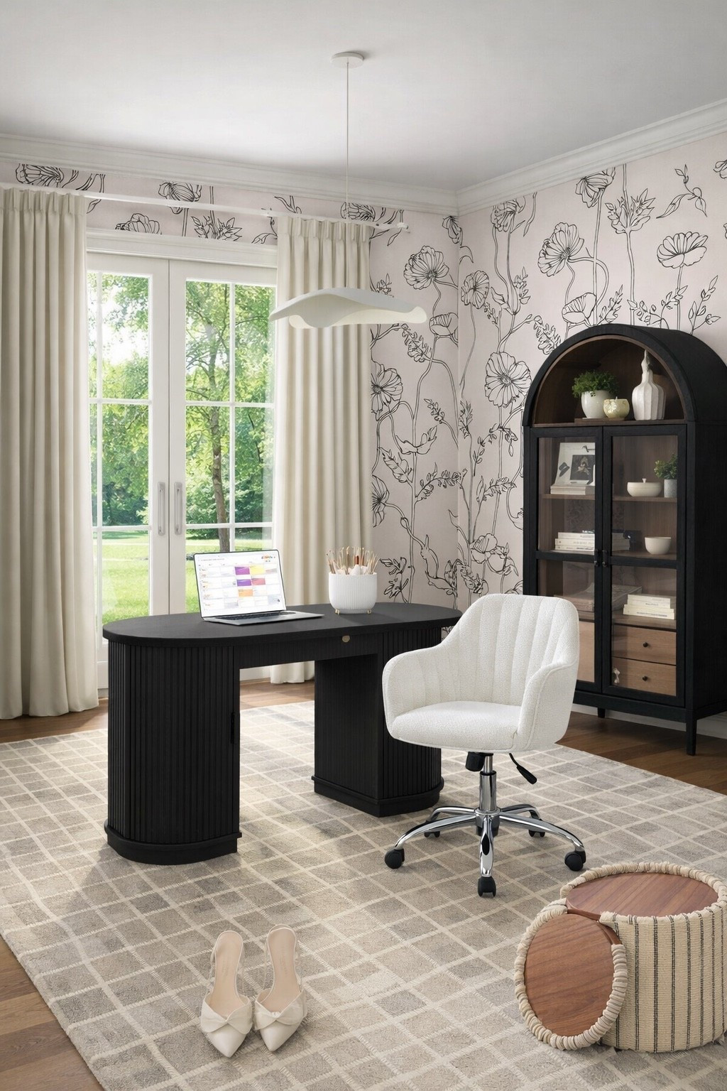 Cosy Spring home office, who says that home office should be boring?! Gorgeous wallpaper, beautiful office chair, affordable desk, plaid rug, glass cabinet, striped storage ottoman, velvet curtain. #homeoffice #homedecor

#LTKHome #LTKSeasonal #LTKSpringSale