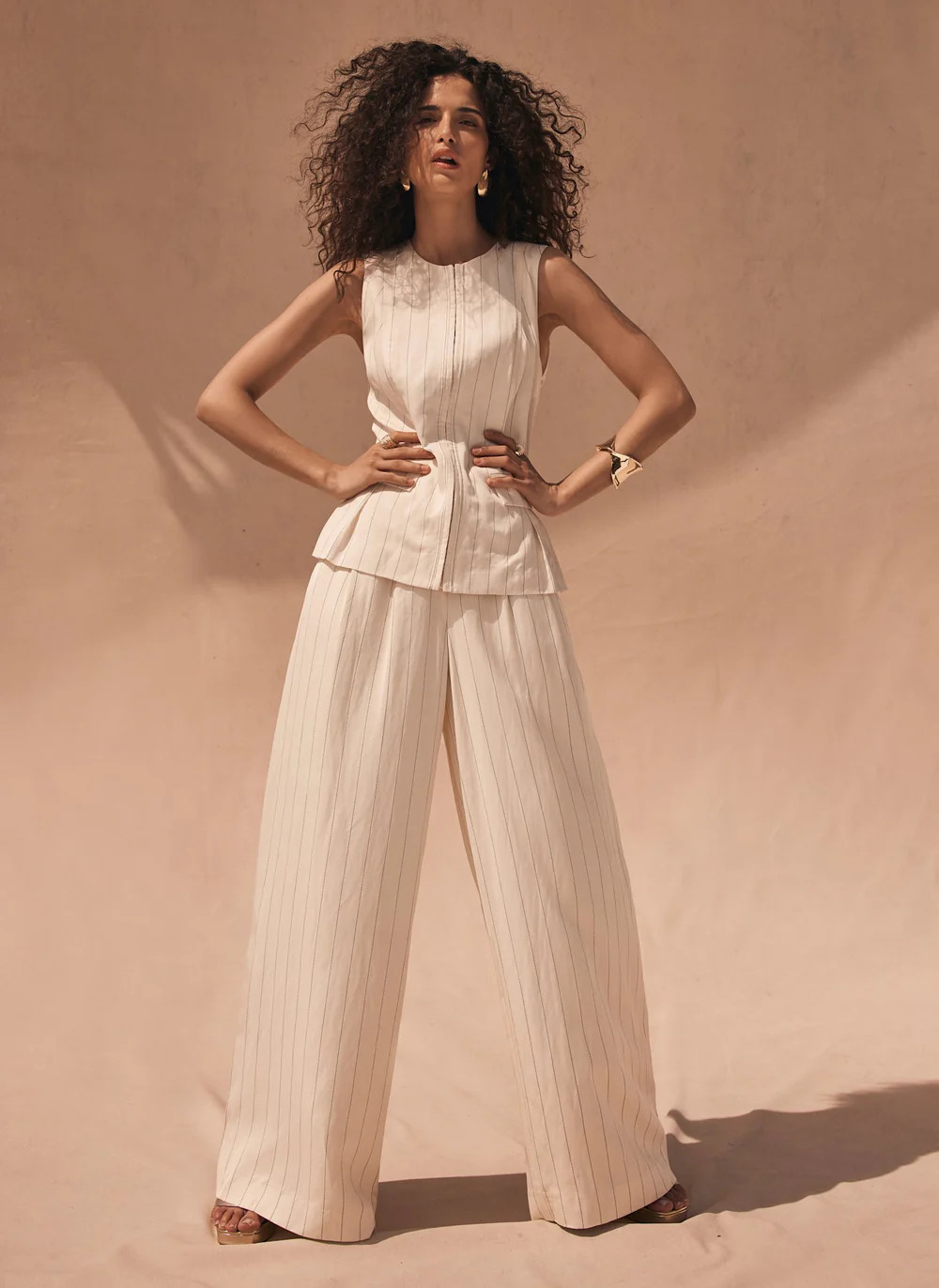 Cream Pinstripe Wide Leg Trousers | Mint Velvet