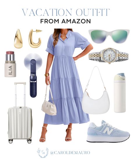 Elevate your vacation style with this travel outfit inspo: a blue maxi dress paired with New Balance sneakers, a white handbag, and more!
#amazonfinds #travellook #springfashion #travelessentials

#LTKitbag #LTKSeasonal #LTKtravel