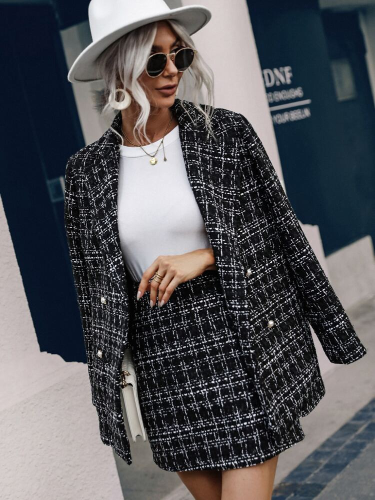 Plaid Print Double Breasted Blazer & Skirt | SHEIN