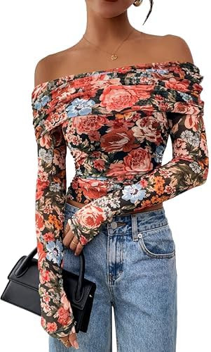 PRETTYGARDEN Womens Tops 2026 Spring Off The Shoulder Long Sleeve Fitted Y2k Shirts Floral Ruched... | Amazon (US)