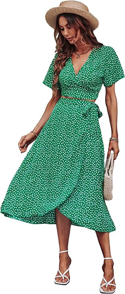 SheIn Women's Floral Flutter Short Sleeve Crop Top & Flounce Hem Wrap Skirt Set | Amazon (US)