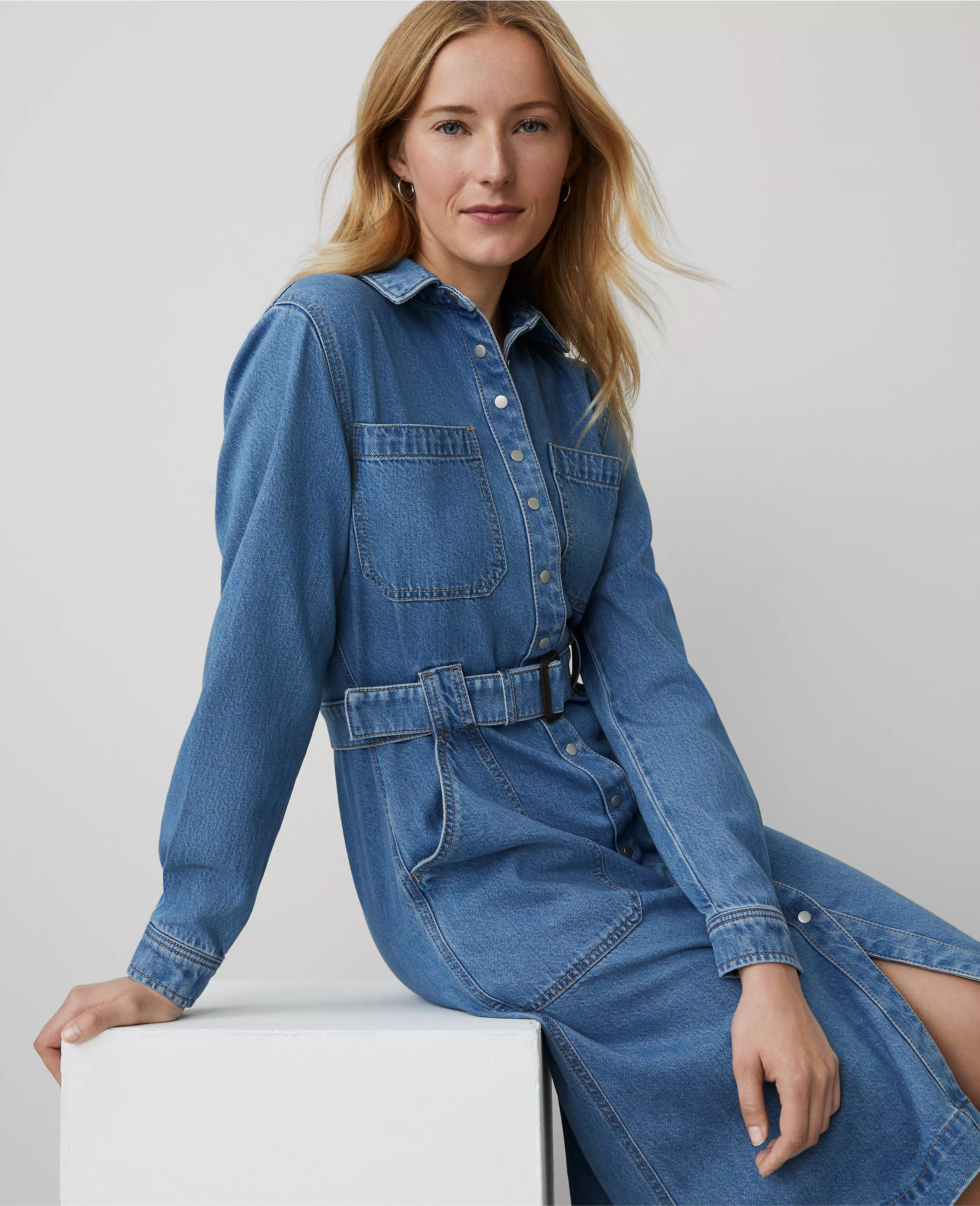 Weekend Collection Denim Collared Column Midi Dress | Ann Taylor