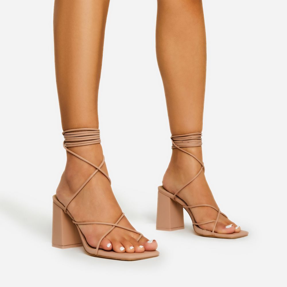 Posh Lace Up Strappy Square Toe Block Heel In Nude Faux Leather | EGO Shoes (US & Canada)