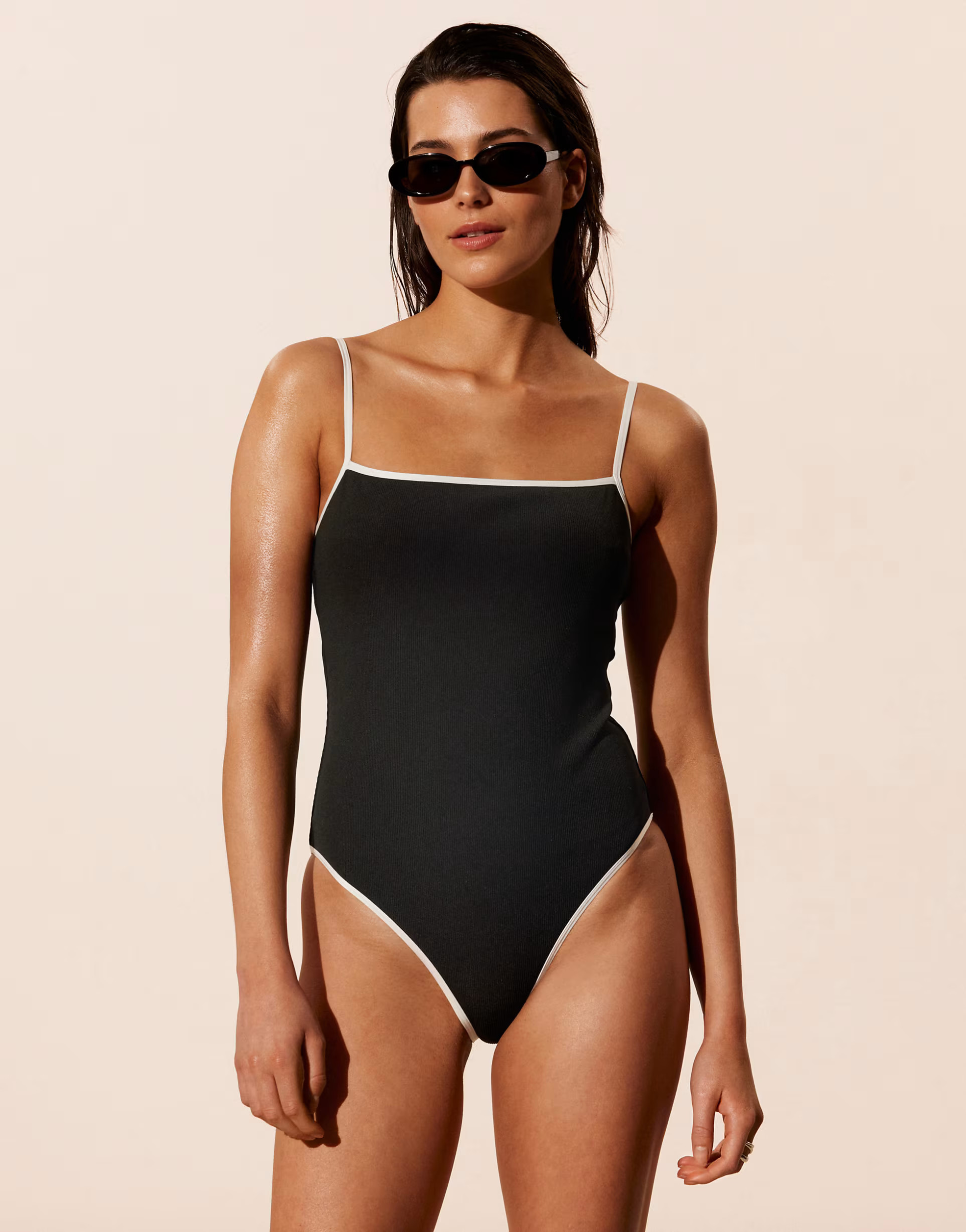 & Other Stories scoop back swimsuit with white contrast binding in black | ASOS | ASOS (Global)
