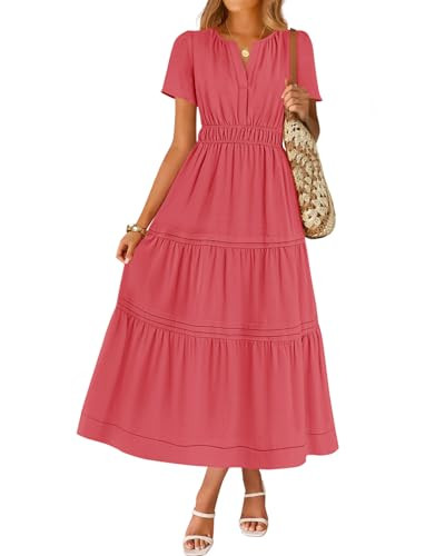 ZESICA Women's Summer Casual Short Sleeve Midi Dresses 2026 V Neck Elastic Waist Tiered Flowy Boho Dress with Pocket,Watermelon,Small | Amazon (US)