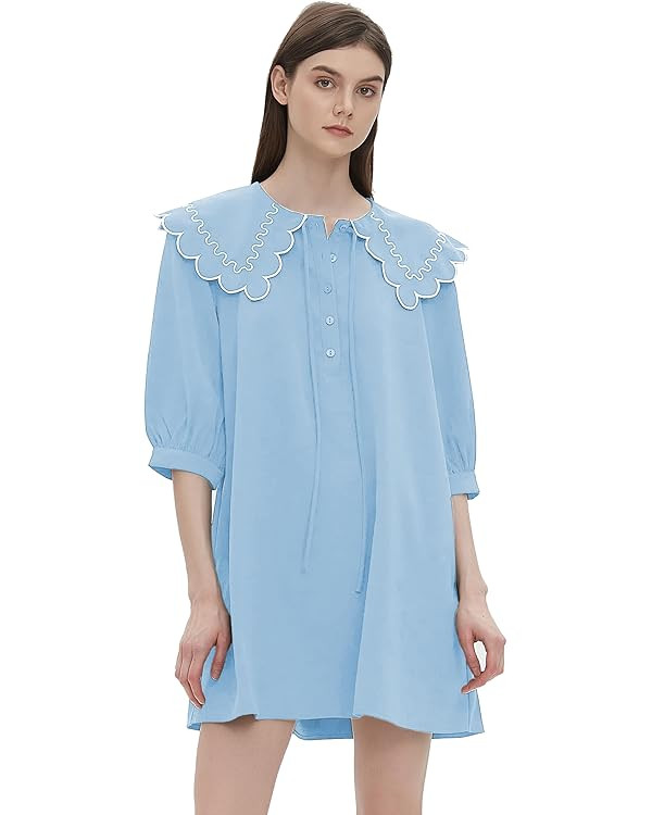 D-Sun Women's Mini Dress 3/4 Sleeves Crew Neck Front Ties and Buttons Fine Twill Babydoll Dress | Amazon (US)