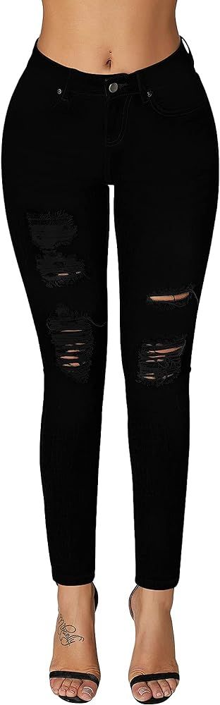 roswear Women's Essentials Ripped Mid Rise Destroyed Skinny Jeans | Amazon (US)