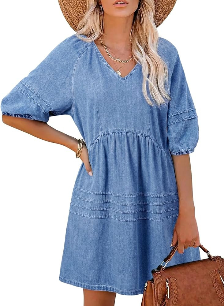 Dokotoo Womens Denim Dress Casual V Neck 3/4 Length Puff Sleeve Back Tie A Line Summer Dresses wi... | Amazon (US)