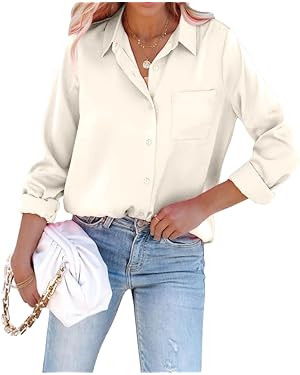 Pausus Satin Button Down Shirts for Women Long Sleeve Slim Fit Office Blouses Casual Business Sil... | Amazon (US)
