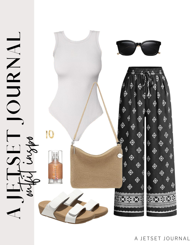 Aiming for comfort without the effort? Wear this effortlessly chic outfit, which includes a white bodysuit and patterned PRETTYGARDEN pants. Finish things off with Project Cloud sandals, a small crossbody purse, and your square SOJOS sunglasses. It is a simple look that lets you move all day freely. 

#LTKSeasonal #LTKSaleAlert #LTKTravel
 

 