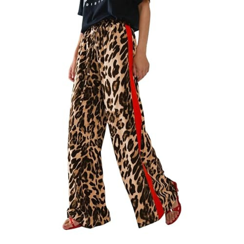 Women's Leopard Print Wide-Leg Pants with Red Side Stripe,Fashion Elastic Waist Casual Trousers,S | Amazon (US)
