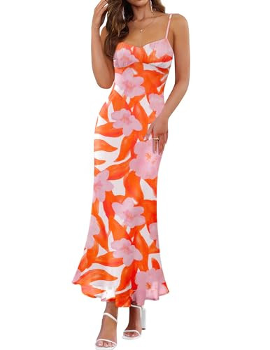 ZESICA Womens Summer Floral Spaghetti Straps Maxi Dress 2026 Sleeveless Square Neck Bodycon Beach Boho Long Dresses,Orange,Small | Amazon (US)