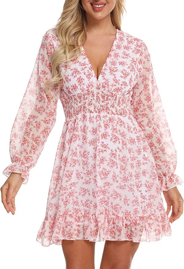 SPRIME Women's Casual Dress Floral Print Deep V Neck Long Baggy Sleeve Short Dresses Smocked Wais... | Amazon (US)