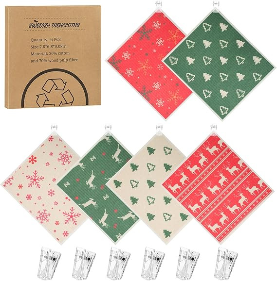 6 Pack Christmas Swedish Dishcloths for Kitchen, Snowflake Elk Xmas Tree Reusable Paper Towels wi... | Amazon (US)