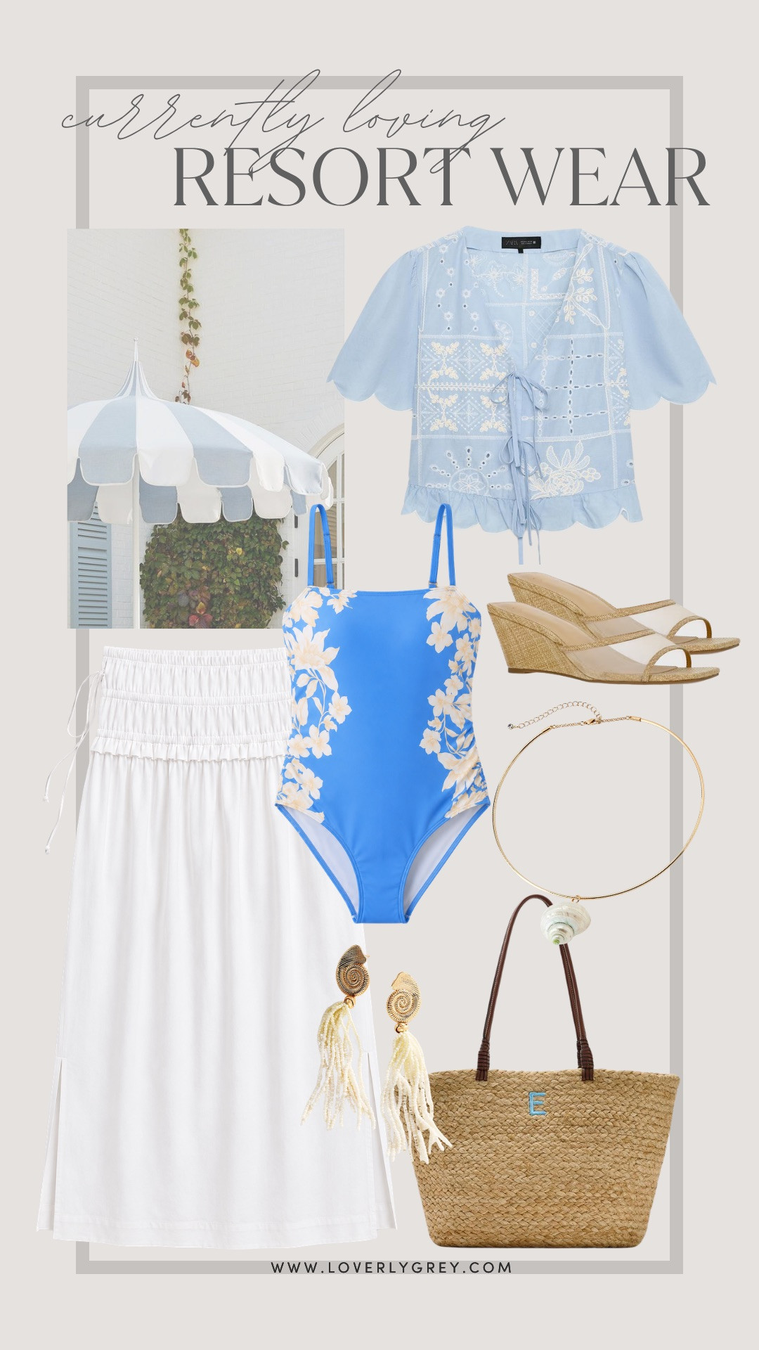 A great resort wear selection for your next trip! I love this baby blue, white and raffia color and texture combo. So timeless and chic!

Loverly grey, resort wear for her, womens swim, embroidered tie front blouse, raffia jute embroidered tote, zara, floral blue one piece, walmart fashion, affordable vacation pieces  

 #LTKSeasonal #LTKSwim #LTKTravel