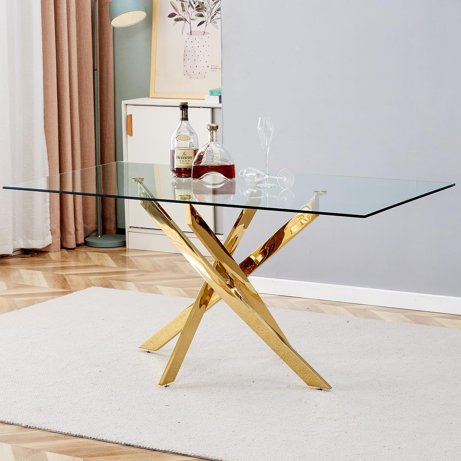 Mesa de comedor de cristal de 63 pulgadas para 4-6, mesa de comedor rectangular contemporánea co... | Amazon (US)