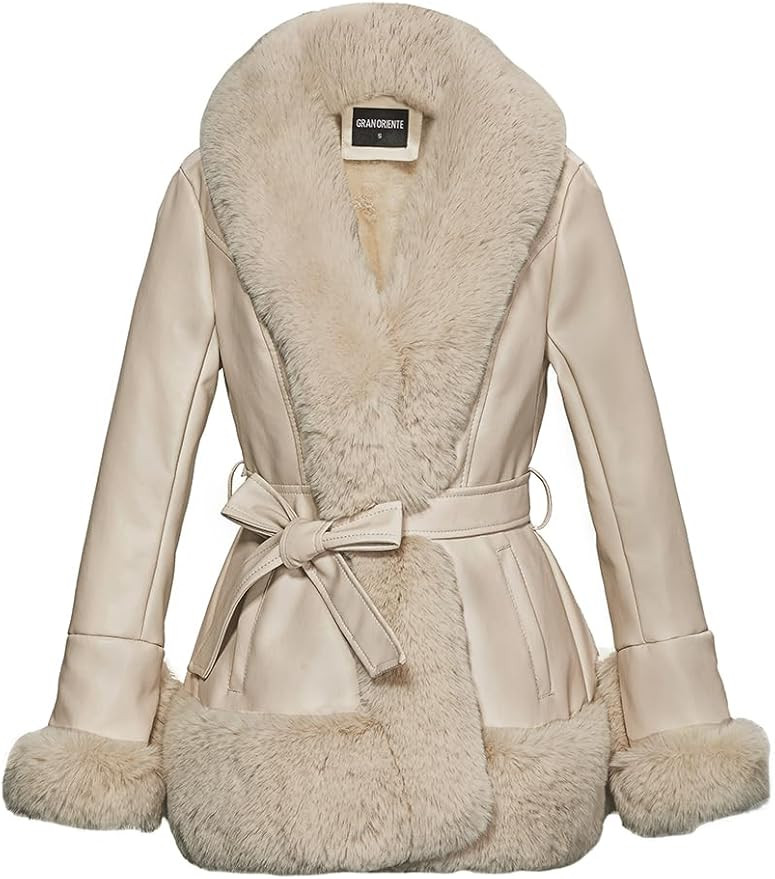 GRAN ORIENTE Women's Faux Leather Jacket with Faux Fur Collar, Winter Long Sleeve Furry Trim Pepl... | Amazon (US)