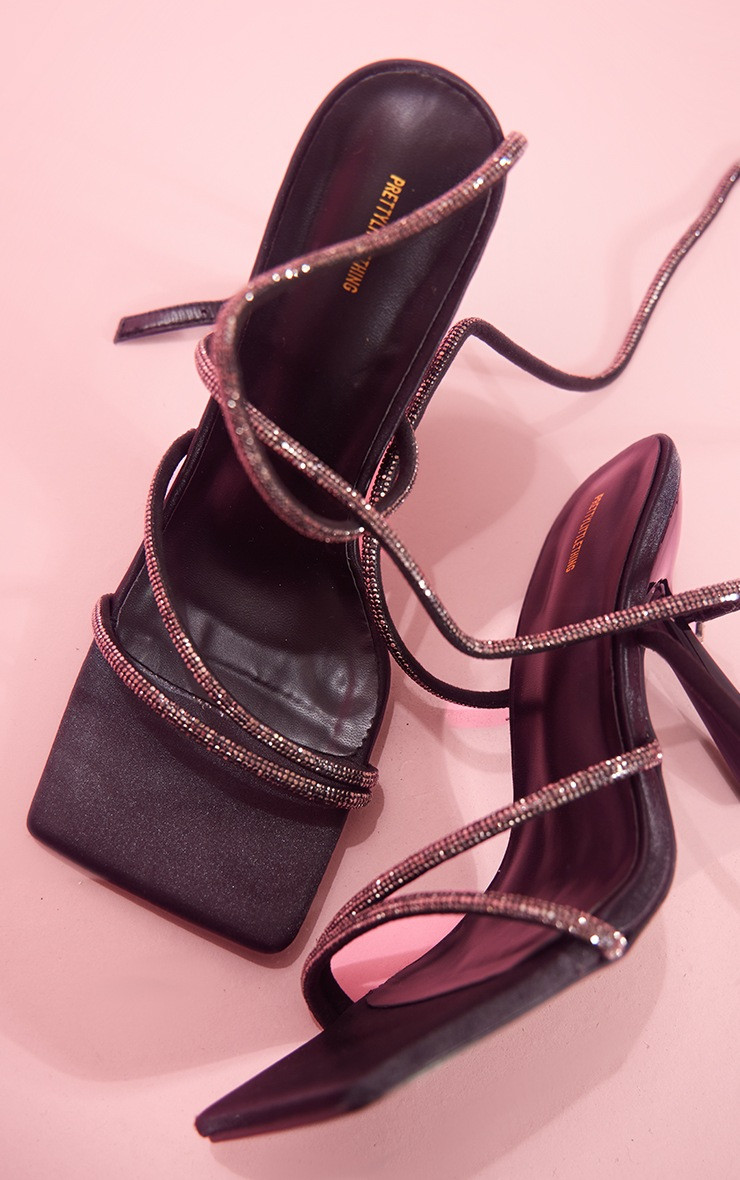 Black Satin Square Toe Diamante Strappy High Heeled Sandals | PrettyLittleThing US