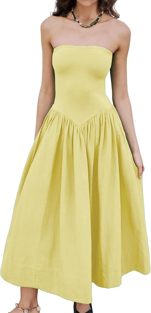 Women Off Shoulder Midi Dress Strapless Sleeveless Drop-Waist A Line Tube Dress Trendy Summer Swi... | Amazon (US)