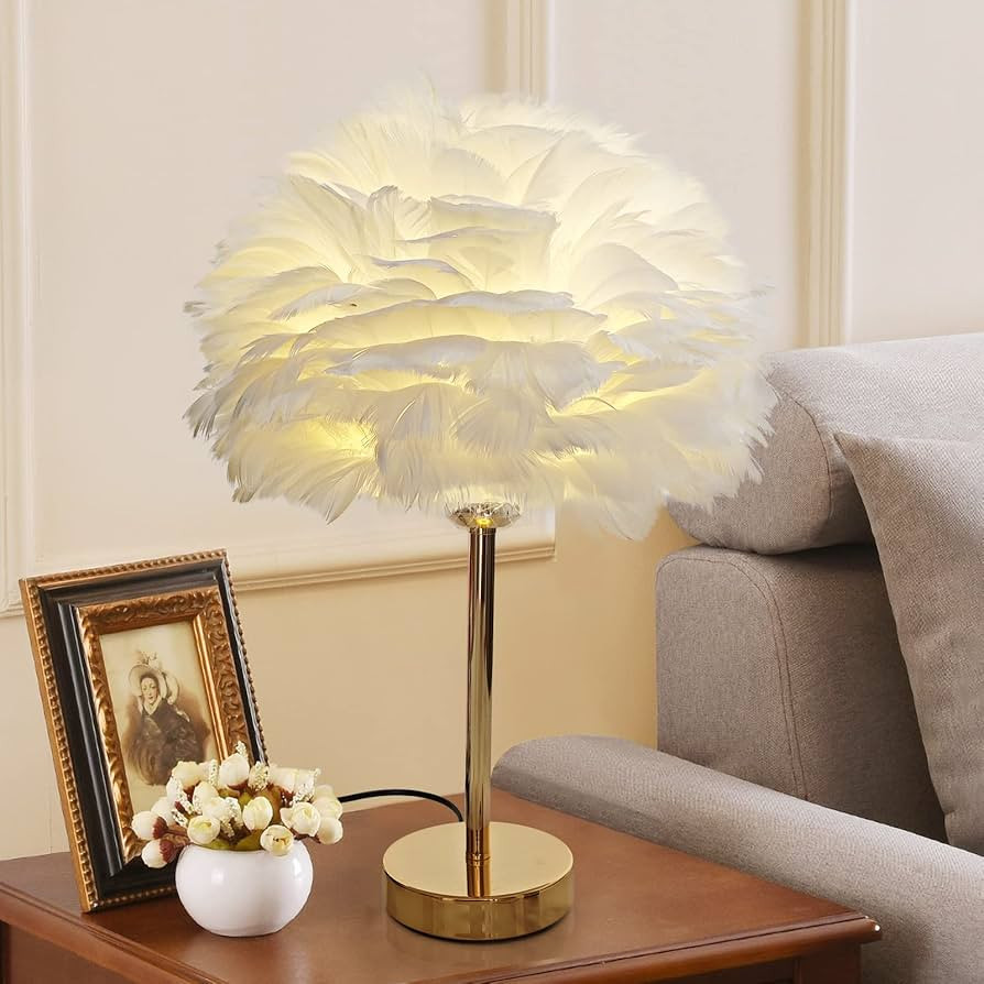 Ru Rao Ostrich Feather Lamp Unique Modern Bedroom Lamps for Nightstand Decor- Feather Table Lamp-... | Amazon (US)