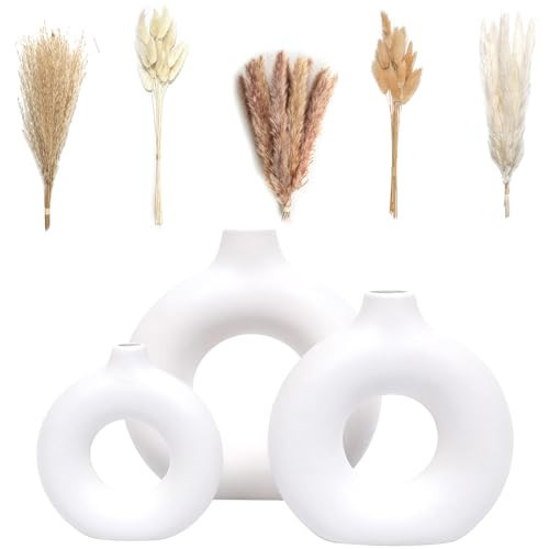 VELOVA Set of 3 White Ceramic Vase with 65 PCS Dried Pampas Grass Flowers Aesthetic Boho Modern Small Round Cute Vases for Decor Living Room Coffee Table Shelf Bedroom Office Desk Home Gifts Women Mom | Amazon (US)