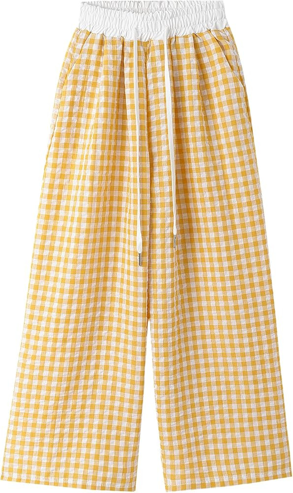 Happy Cherry Girls Gingham Wide Leg Pants Elastic High Waist Drawstring Waist Loose Long Pants Pl... | Amazon (US)